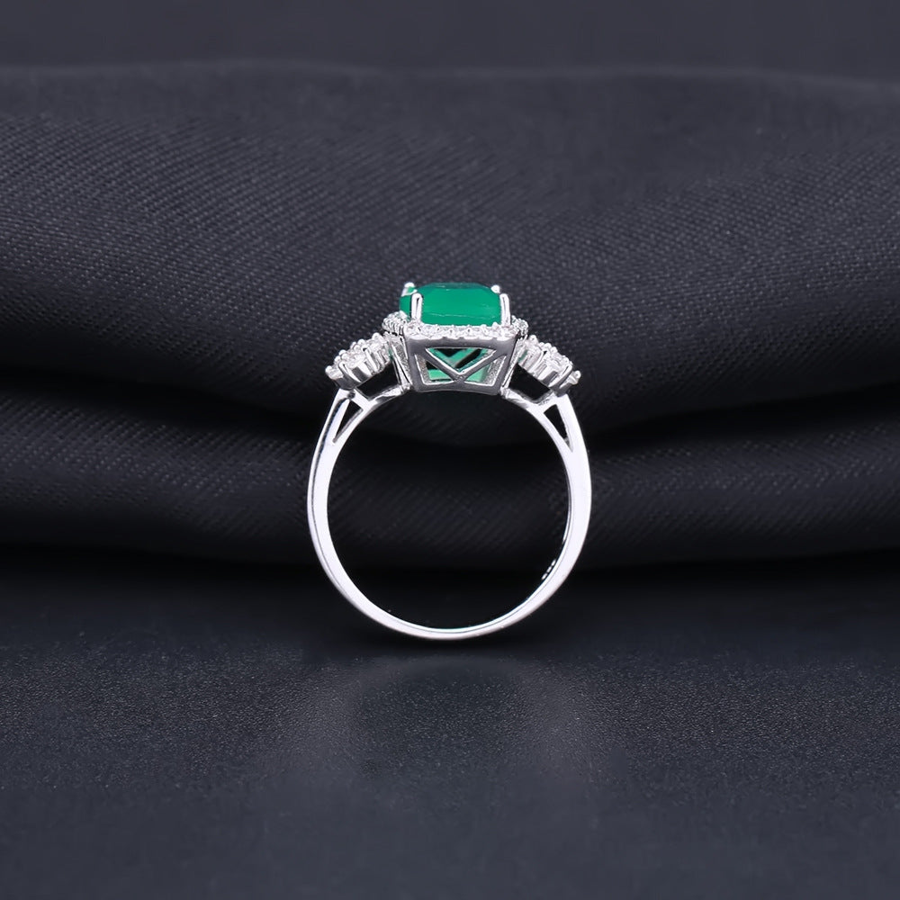 Design Sense Natural Green Agate Ring Luxurious Fashionable Elegant925Sterling Silver Inlaid Natural Gemstone Ring