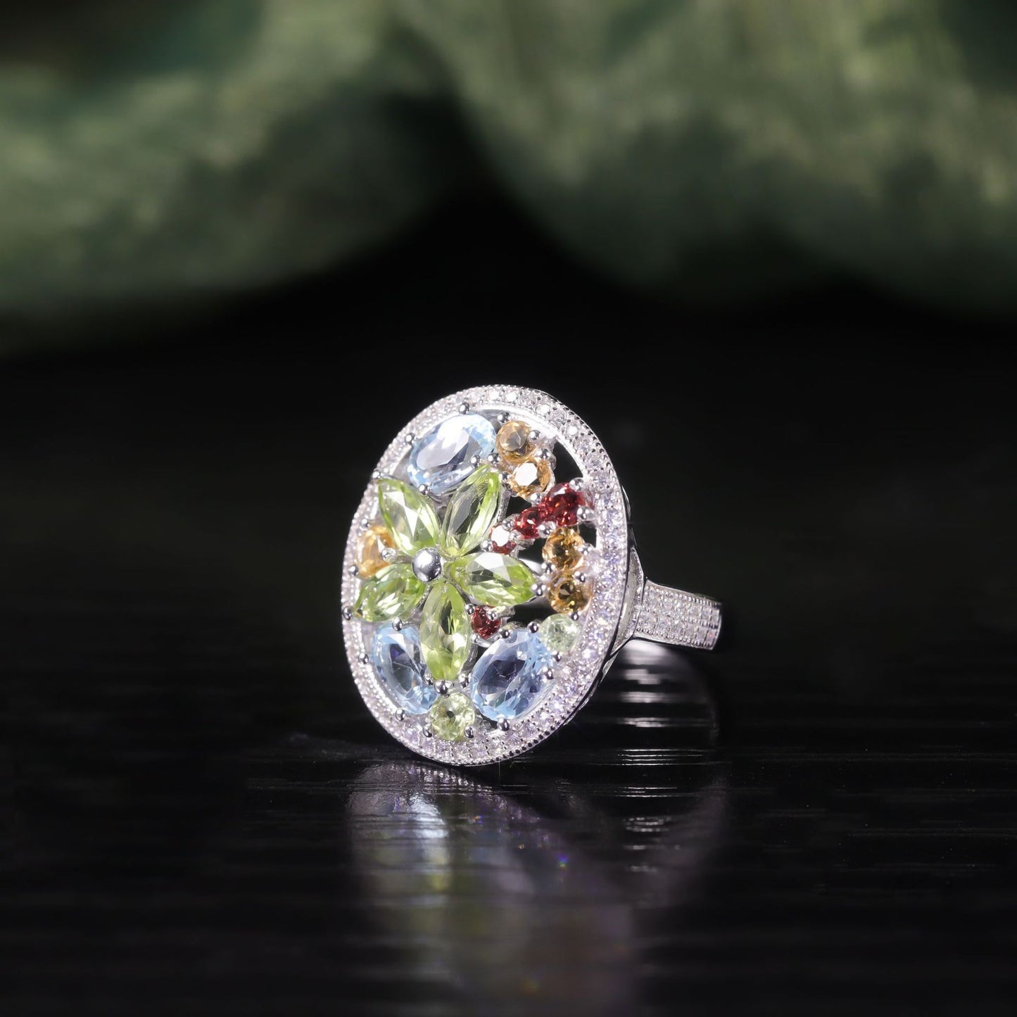 Wind Ring s925Sterling Silver Plated18k Gold Natural Amethyst Cluster Inlaid Mixed Gemstone Ring Jewelry