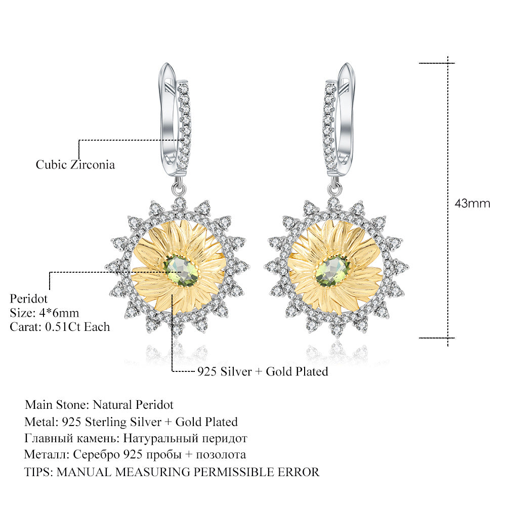 Designer High-End Natural Peridot Jewelry Set Sunflower Element Design925Silver Ring Earrings