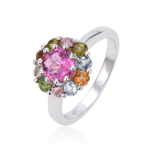 Floral Natural Garnet Ring s925Sterling Silver Cluster Inlaid Tourmaline Emerald Ring Colorful Gemstone Ring New Style
