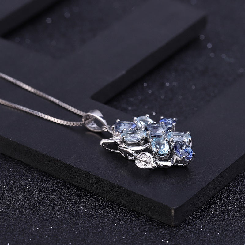Design Sense Jewelry Topaz Pendant Retro Natural Gemstone Inlay s925Silver Necklace Pendant