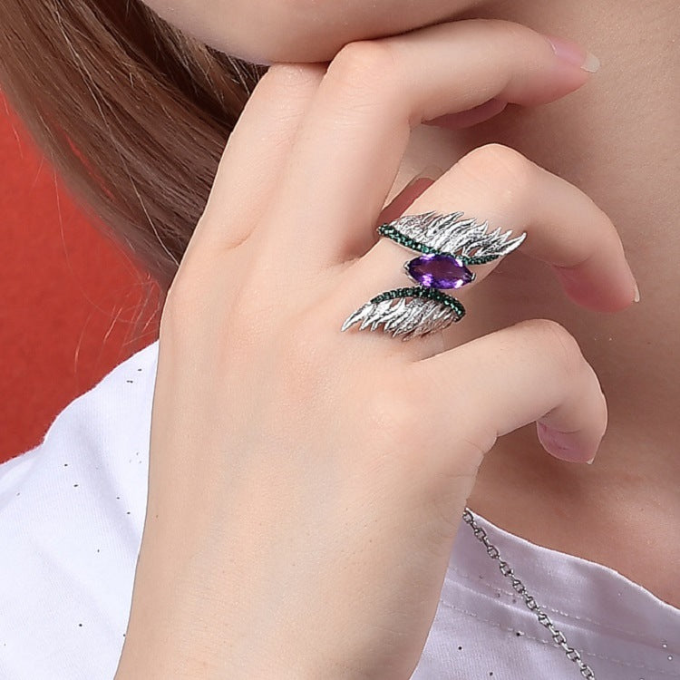 Designer Vintage Style Angel Wings Ring Italy s925Silver Inlaid Natural Gemstone Amethyst Ring