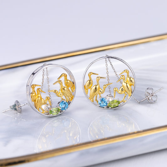 Freshwater Pearl Natural Topaz Peridot Earrings Crane's Love925Silver Earrings Chinese Style Round Earrings