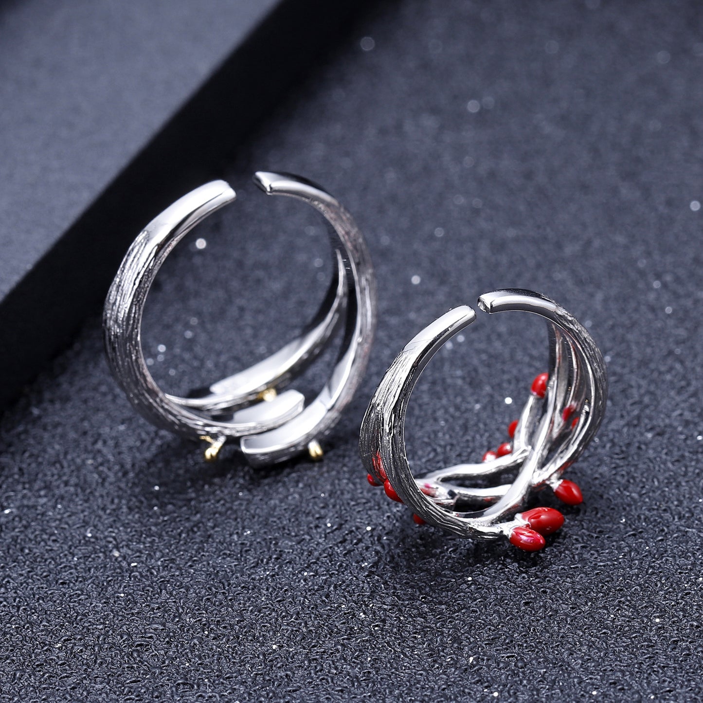 Niche Design Resin s925Sterling Silver Couple Rings Adjustable Open Natural Style Tree Branch Adjustable Rings Pair