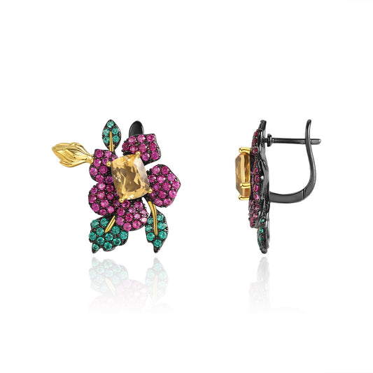 Designer Gemstone Earrings Natural Style Floral High-End Design s925Silver Natural Yellow Crystal Earrings