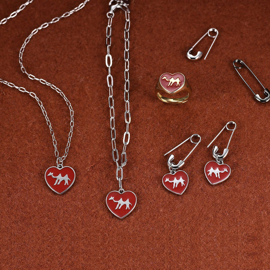 Red Enamel Camel Ring Earrings Bracelet with Safety Pin s925Sterling Silver Unique Personality Three-Piece Jewelry Set Heart Shape