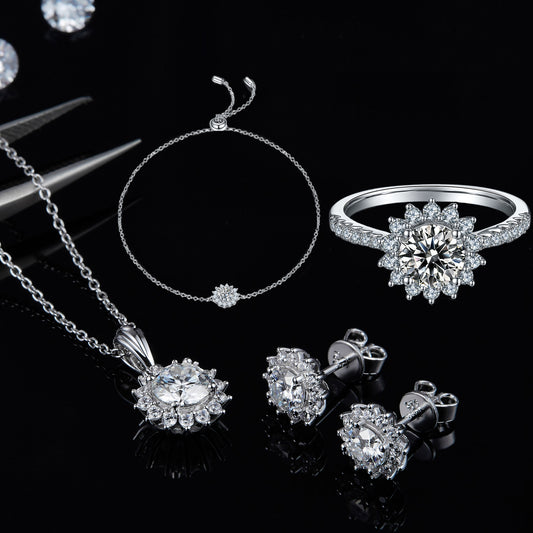 Light Luxury925Silver Necklace Earrings Bracelet Three-Piece Set Sunflower Design Inlaid Moissanite Pendant Jewelry Set