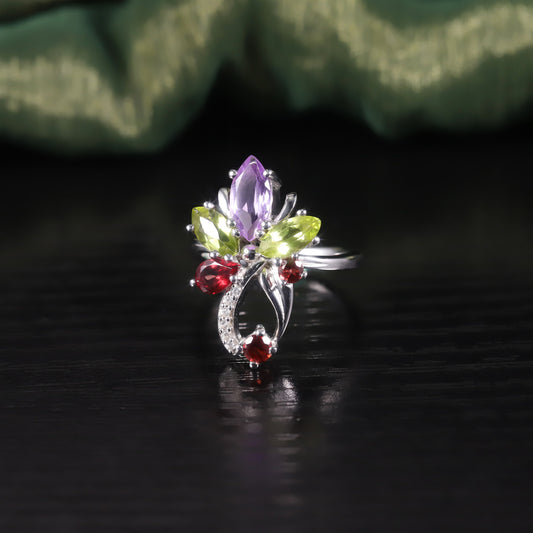Original Design Natural Peridot Ring Flower s925Sterling Silver Inlaid Garnet Crystal Colorful Ring for Women