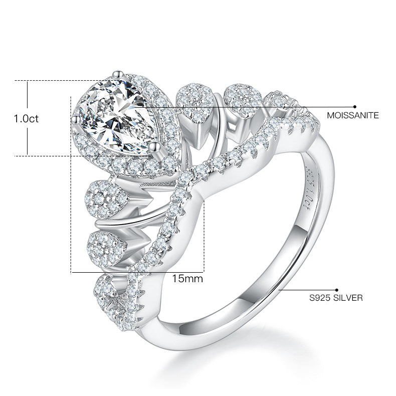 Wind Crown Water Drop Ring Band GRA Certificate s925Silver Inlay1Carat Colorful Moissanite Ring for Women
