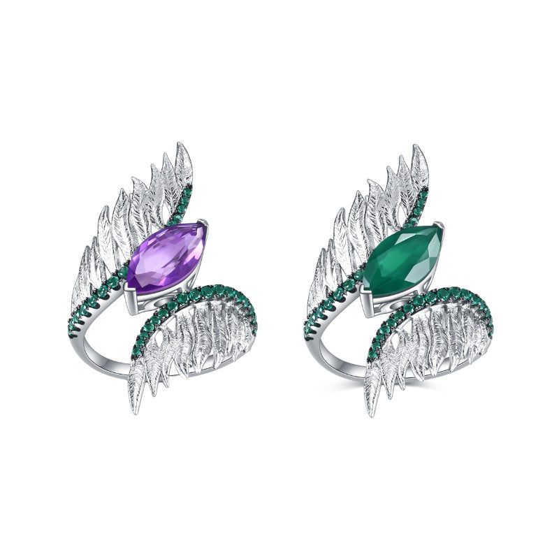 Designer Vintage Style Angel Wings Ring Italy s925Silver Inlaid Natural Gemstone Amethyst Ring