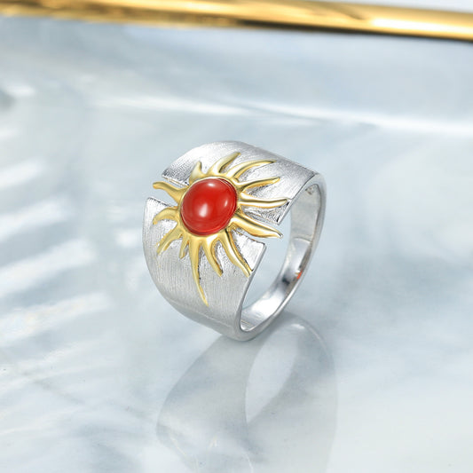 Sun Goddess Vintage Style Ring Natural Red Agate Design Sense Niche Hand Jewelry925Sterling Silver Gemstone Ring for Women