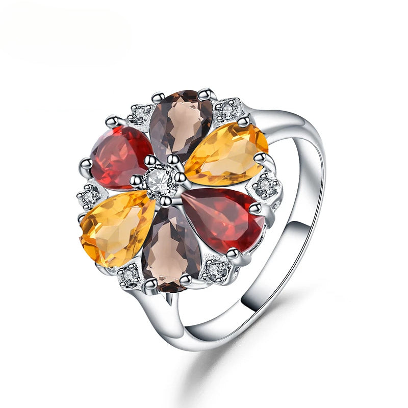 Affordable luxury fashion ins Natural Gemstone Ring s925Sterling Silver Inlaid Natural Colorful Crystal Gemstone Ring