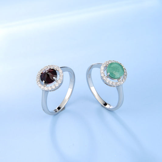 Classic Retro Natural Green Chalcedony Ring for Women Export s925Sterling Silver Inlaid Garnet Ring