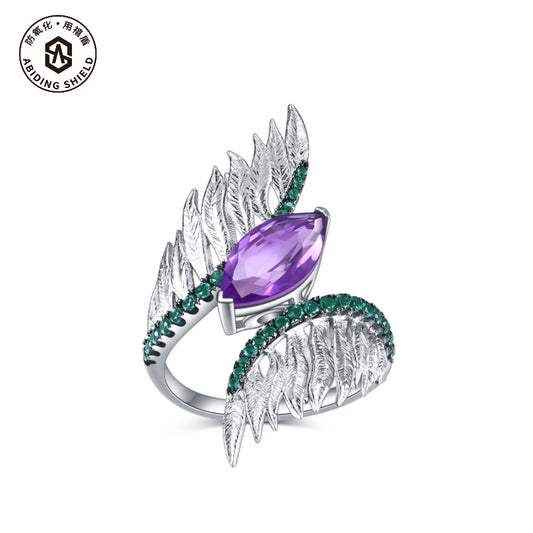 Designer Vintage Style Angel Wings Ring Italy s925Silver Inlaid Natural Gemstone Amethyst Ring