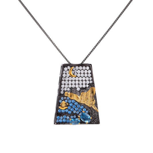 Natural Topaz Necklace925Sterling Silver Sapphire Square Pendant Niche Design Gemstone Clavicle Chain for Men and Women
