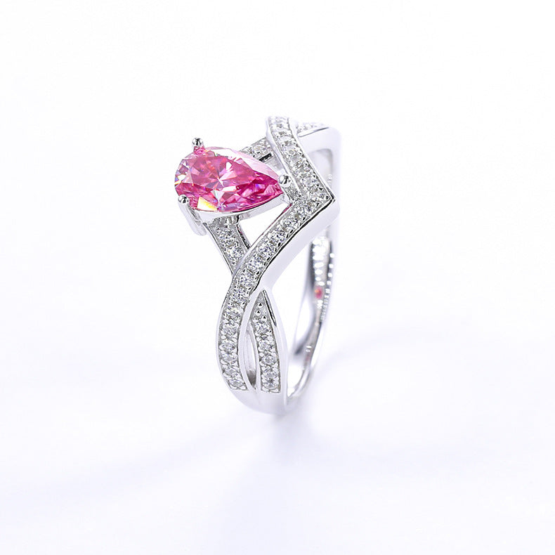 Light Luxury Niche Design V Zi Lock Love Water Drop Moissanite Ring s925Sterling Silver Inlaid Colorful Moissanite Ring