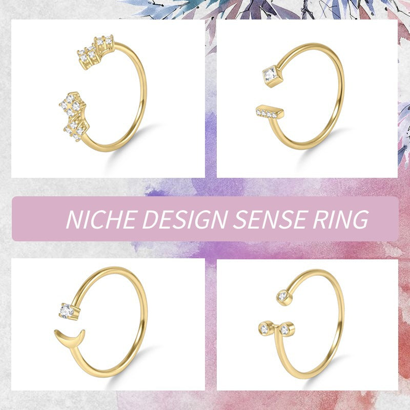 Unique Design Open Ring s925Sterling Silver Inlaid Moissanite Ring Thin Gold Dawn Series Small Ring Texture