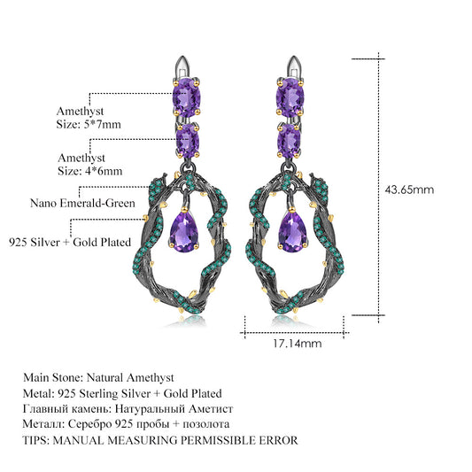 Italian Craft Designer Natural Amethyst Earrings Natural Vine Design925Silver Earrings and Ear Studs