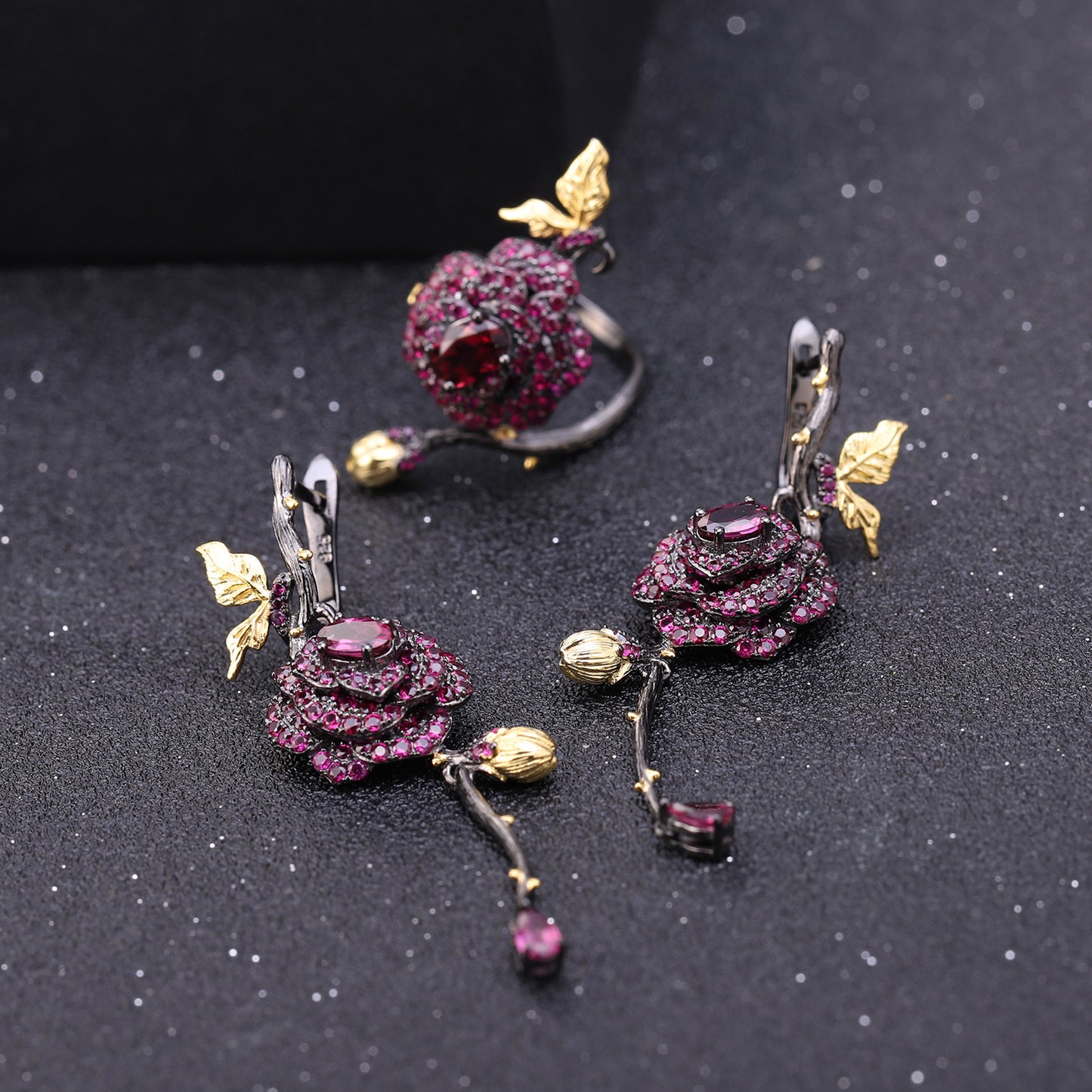 Secret Garden Designer Earrings Natural Rose Design s925Silver Natural Gemstone Earrings Luxurious