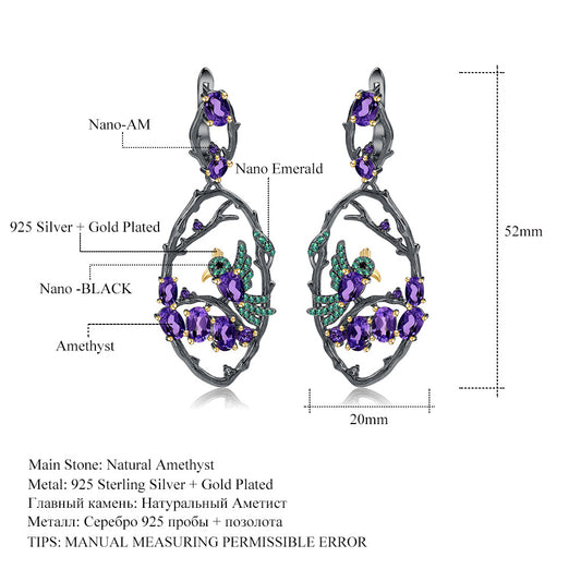 Secret Garden Designer Earrings Birds in the Bush Design Chinese Style925Silver Natural Gemstone Earrings