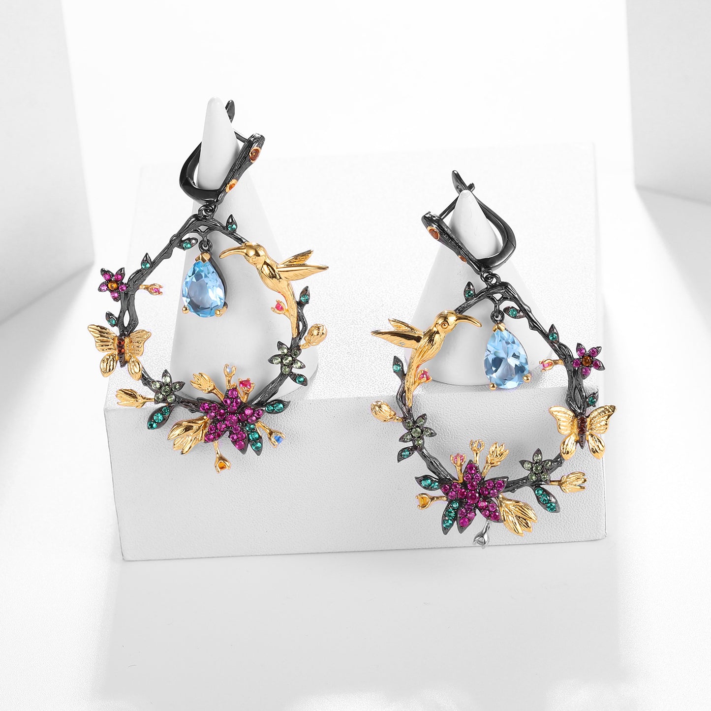 Secret Garden Designer Gemstone Earrings with Birds and Floral Design925Silver Natural Amethyst Earrings Drop Earrings