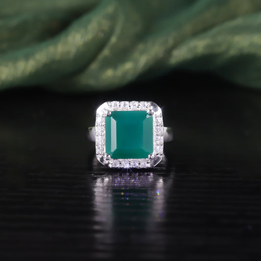 New Square Gemstone Ring s925Sterling Silver Inlaid Natural Green Chalcedony Ring Vintage Elegant Jewelry