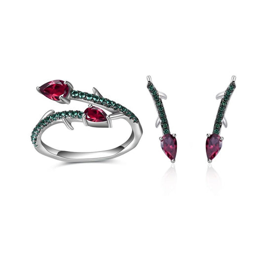 Thorn Flower Set Natural Garnet Topaz s925Sterling Silver Ring Earrings Amethyst Jewelry Set