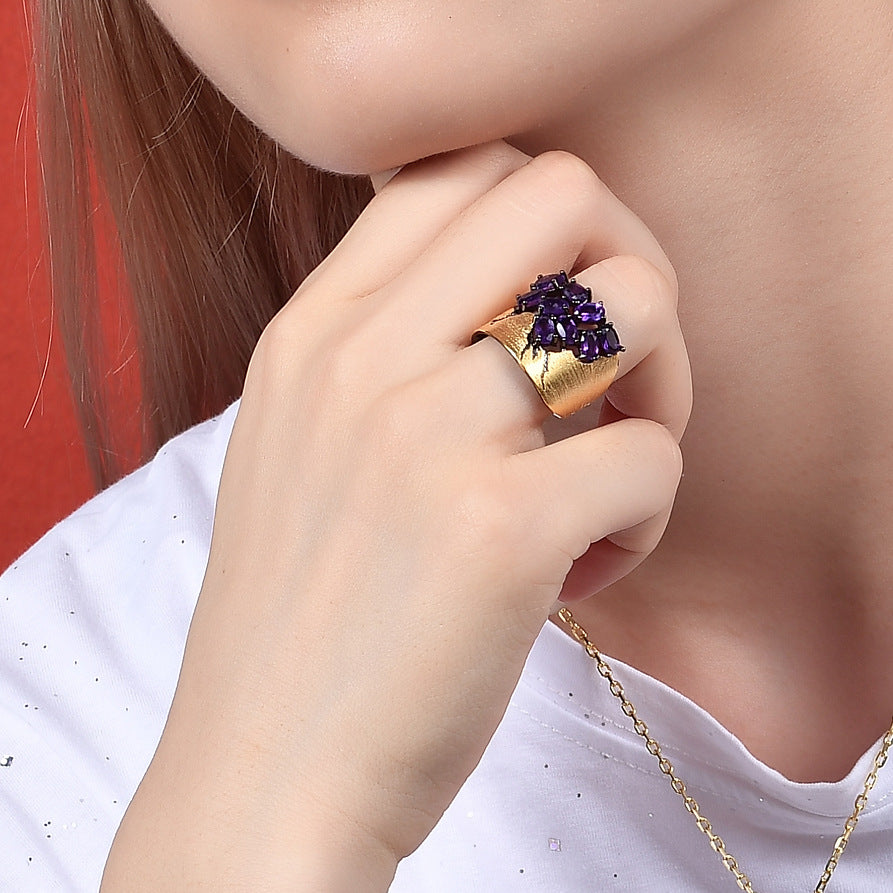 Designer Italian Craft Vintage Style Ring Russia s925Sterling Silver Inlaid Gemstone Natural Amethyst Ring