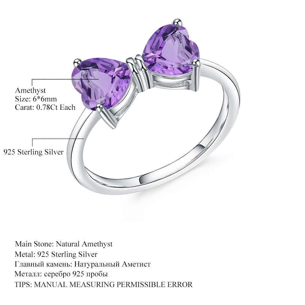 Heart Gemstone Bowknot Ring for Women Vintage Inlaid with Natural Stone s925Silver Amethyst Ring