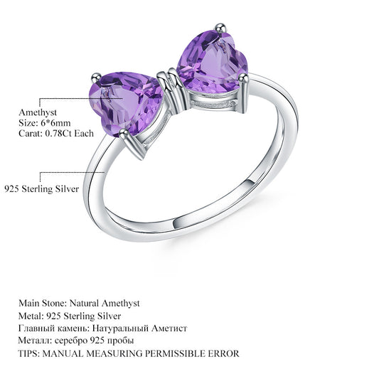 Heart Gemstone Bowknot Ring for Women Vintage Inlaid with Natural Stone s925Silver Amethyst Ring