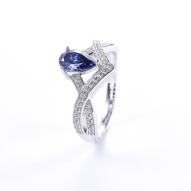 Light Luxury Niche Design V Zi Lock Love Water Drop Moissanite Ring s925Sterling Silver Inlaid Colorful Moissanite Ring