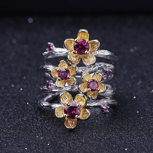 Italian Craft Designer Gemstone Ring Natural Style Floral Design925Silver Natural Topaz Ring