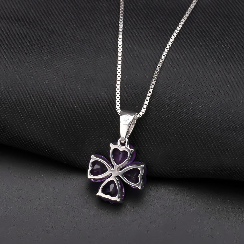 Natural Amethyst Heart Clover Necklace Topaz Pendant Unique Design925Silver Gemstone Necklace