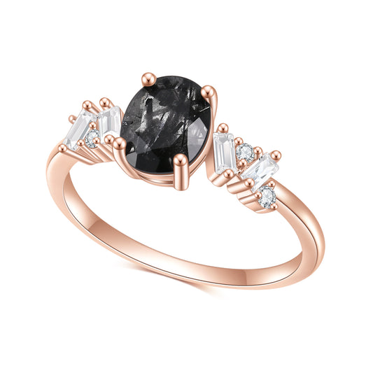 Affordable luxury fashion S925Sterling Silver Inlaid Natural Black Hair Crystal Ring Elegant Classic Gemstone Rose Gold Ring