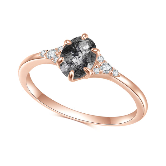Fashionable and Simple Rose Gold Gemstone Ring S925Sterling Silver Inlaid Natural Black Hair Crystal Ring Supply