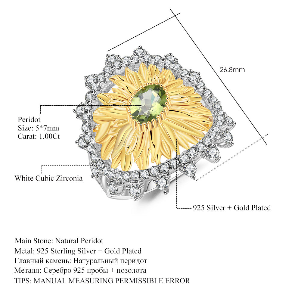 Designer High-End Natural Peridot Jewelry Set Sunflower Element Design925Silver Ring Earrings