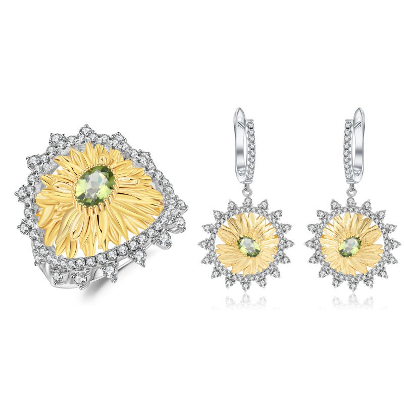 Designer High-End Natural Peridot Jewelry Set Sunflower Element Design925Silver Ring Earrings