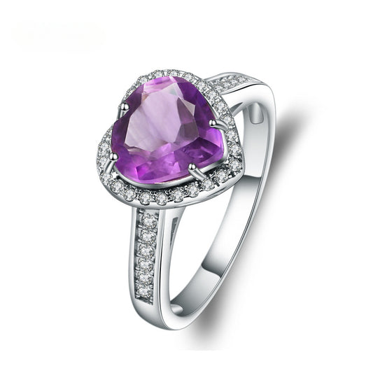 Luxurious Design Heart Natural Amethyst Ring Fashionable and sophisticated temperament925Silver Natural Colored Gems Ring