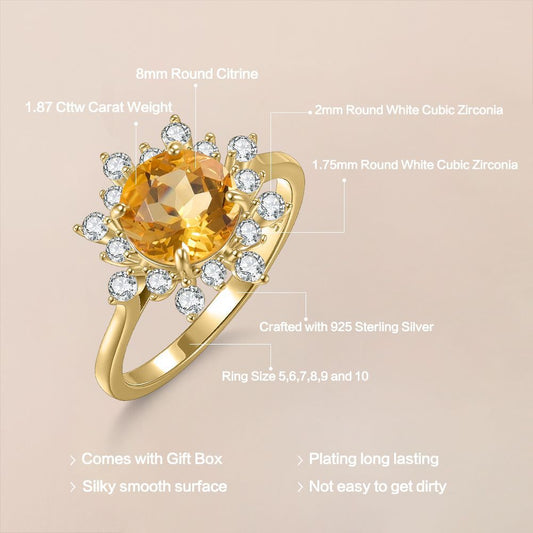 Luxurious Candy Color Gold Ring1.8Carat s925Sterling Silver Inlaid Natural Yellow Crystal Ring Customizable