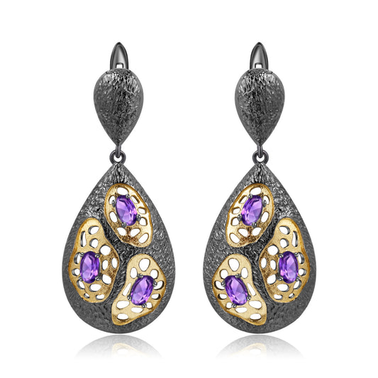 Italian Craft Designer Gemstone Earrings Retro High-End Sense925Silver Natural Amethyst Earrings Drop Earrings