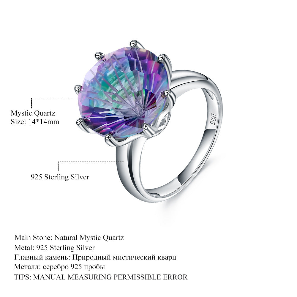 Luxury14*14mm Colorful Gemstone Ring Fashion High-End Sense s925Silver Inlaid Colorful Crystal Ring