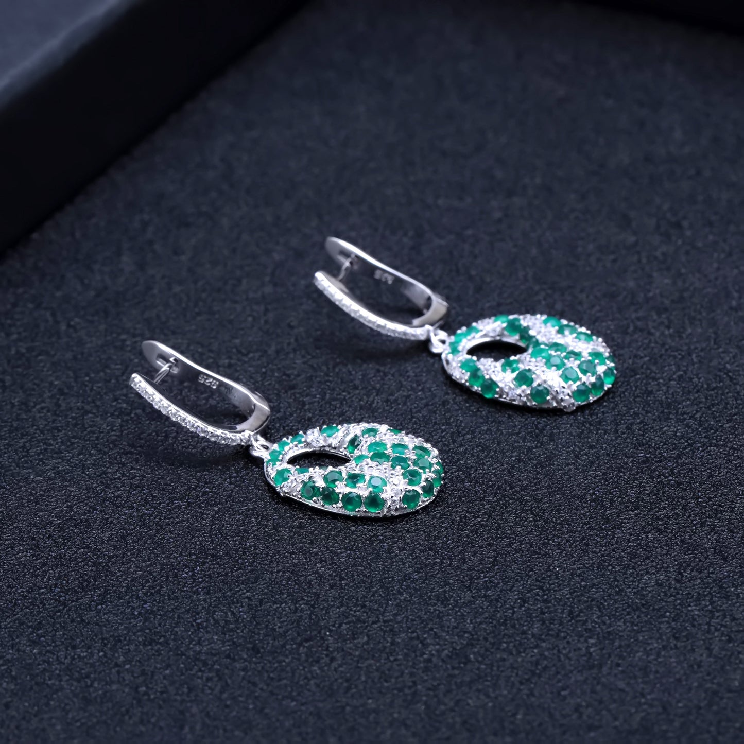 Unique Natural Green Agate Earrings Retro Design s925Silver Inlaid Natural Sapphire Earrings