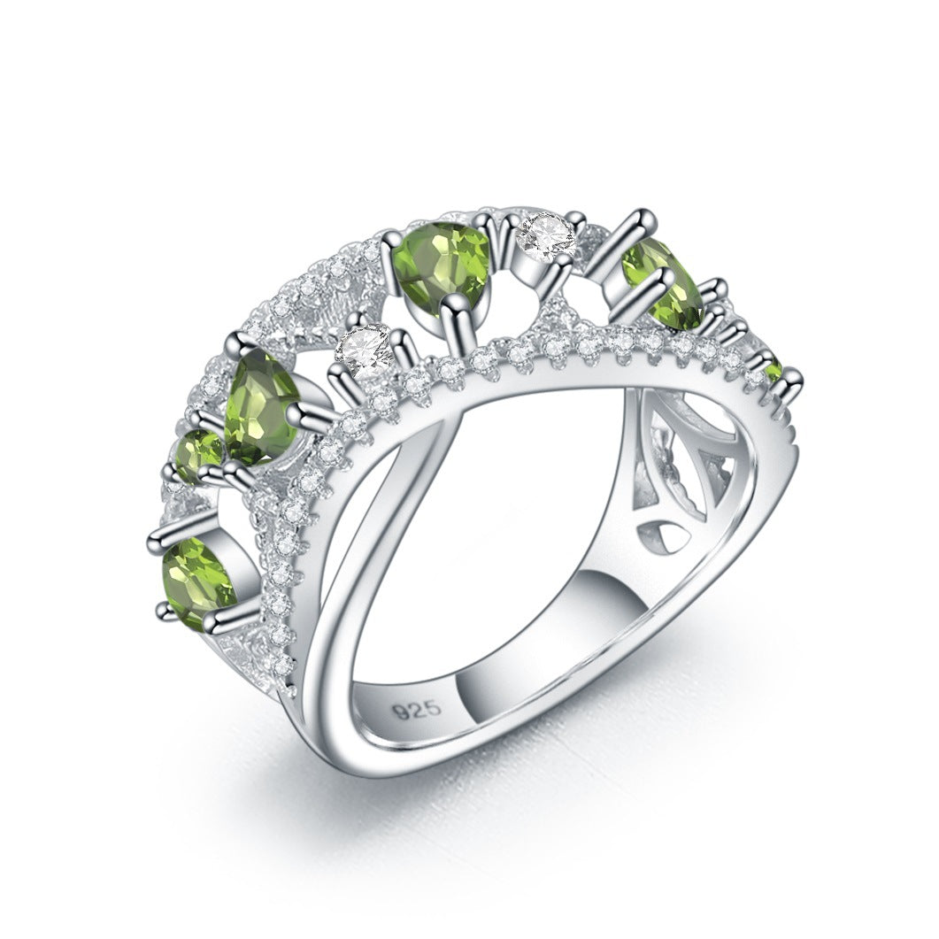 Design Sense Light Luxury High-end Natural Translucent Stone Ring Prosperous Series s925Silver Inlaid Gemstone Ring