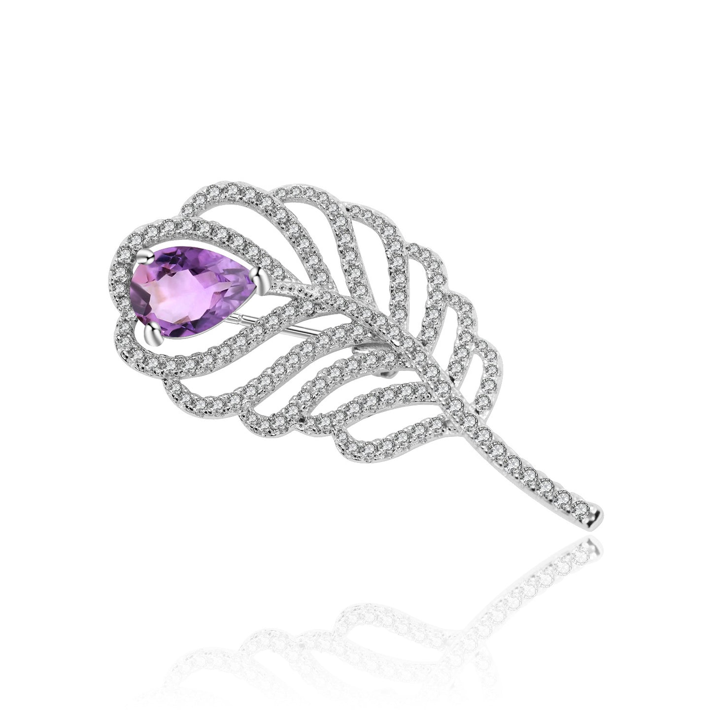 Designer Natural Amethyst Feather Brooch Banquet Dress with High-End Design s925Silver Brooch