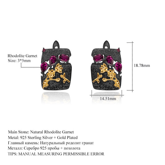 Designer High-End Earrings Secret Garden Natural Style Retro s925Silver Natural Rose Garnet Stud Earrings