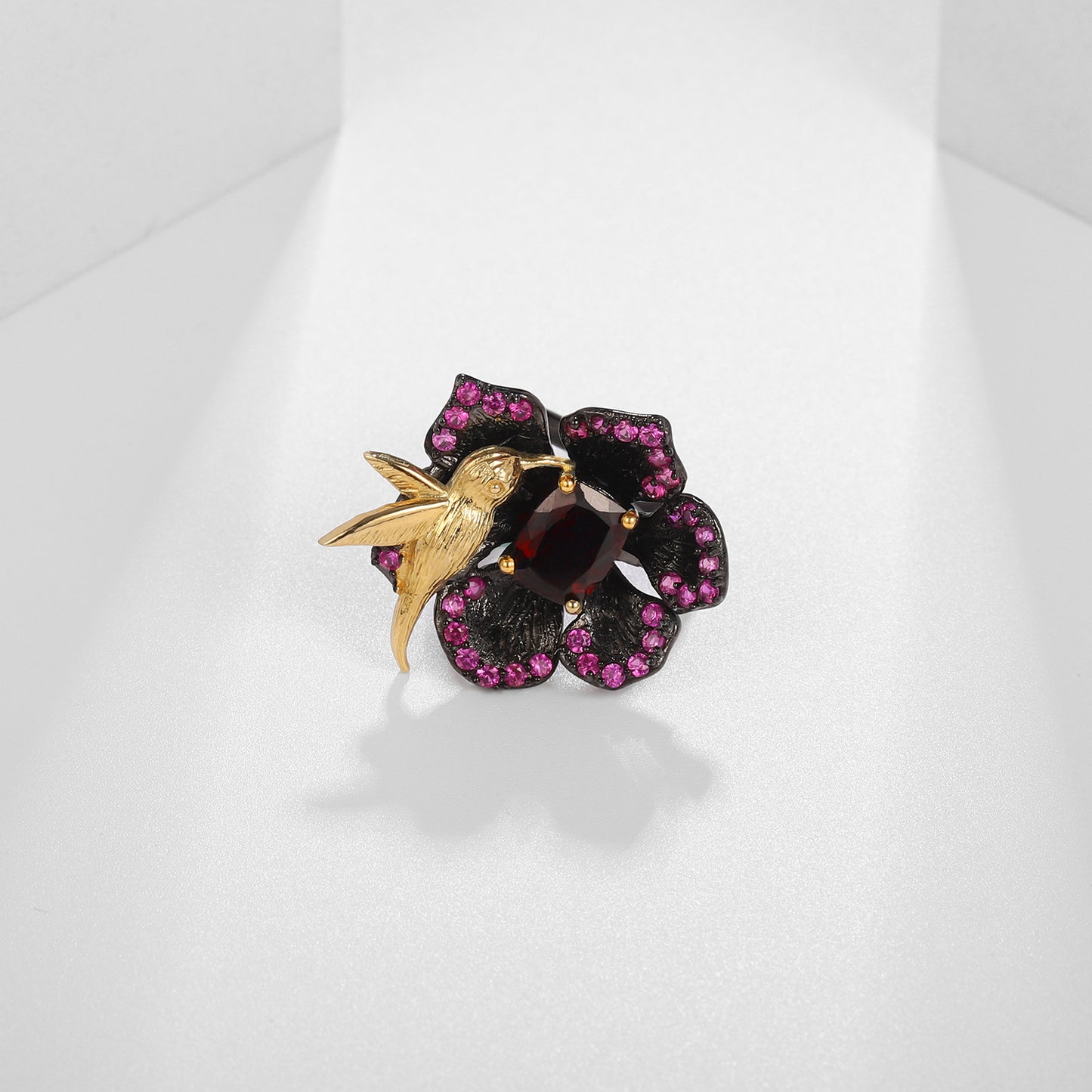 Secret Garden Designer Natural Gemstone Ring with Birds and Flowers Design925Silver Natural Amethyst Ring