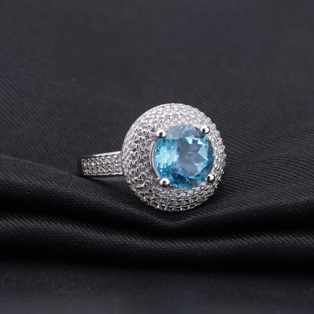 s925Silver Inlaid Natural Topaz Ring Fashionable Light Luxury High-End Cluster Inlaid Diamond Natural Gemstone Ring