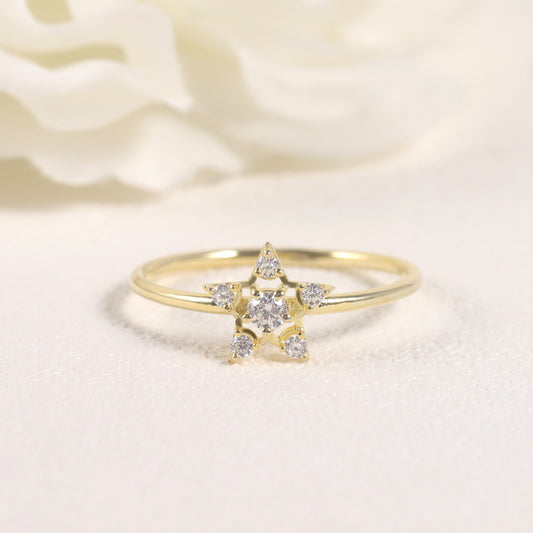 Five-pointed star ring s925Sterling Silver Moissanite Gold Dawn Series Small Ring with Hollow Design Sense Diamond Ring