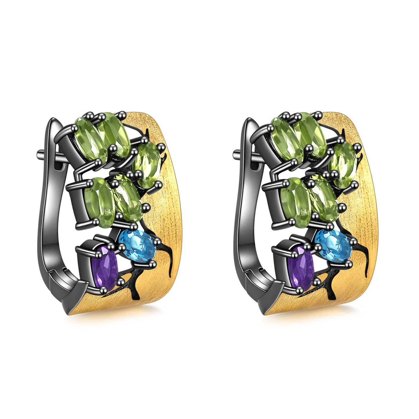 Italian abstract designer jewelry accessories 925Silver Gold Plated Inlaid Gemstone Natural Amethyst Stud Earrings
