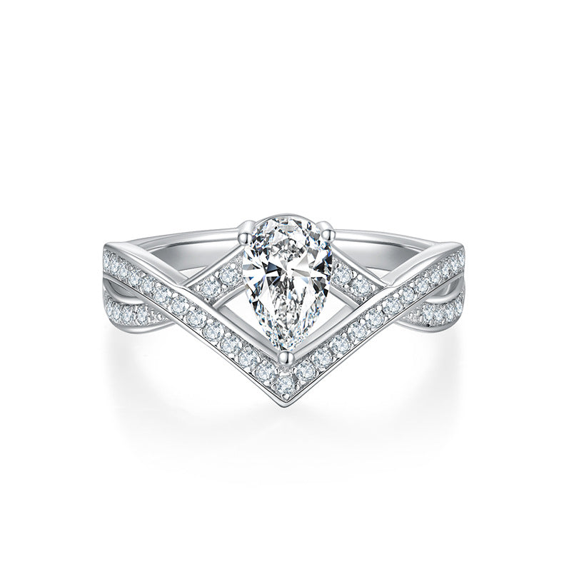 Light Luxury Niche Design V Zi Lock Love Water Drop Moissanite Ring s925Sterling Silver Inlaid Colorful Moissanite Ring